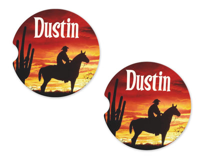 Sunset Cowboy Personalized Sandstone Car Coaster (Set of Two)