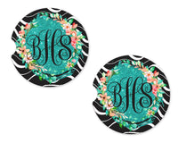 Swirls and Green Glitter Personalized Sandstone Car Coasters - Sew Lucky Embroidery