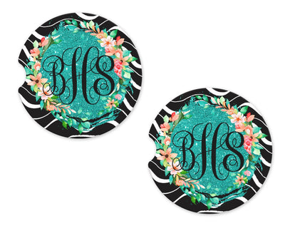 Swirls and Green Glitter Personalized Sandstone Car Coaster (Set of Two)