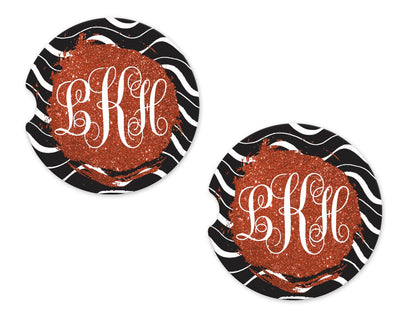 Swirls and Rusty Glitter Monogrammed Sandstone Car Coasters (Set of Two)