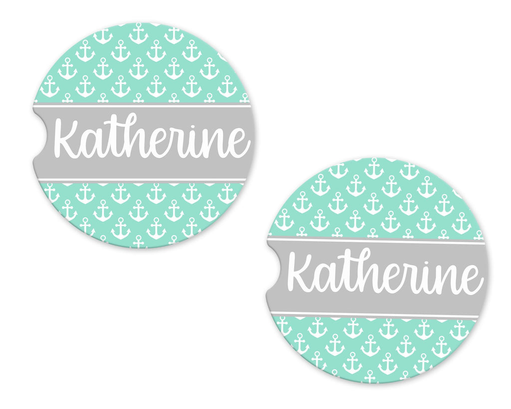 Teal Anchors Personalized Sandstone Car Coasters - Sew Lucky Embroidery