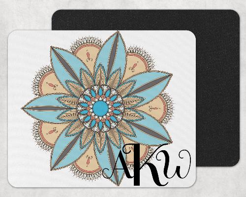 Teal and Brown Mandala Custom Personalized Monogram Mouse Pad - Sew Lucky Embroidery