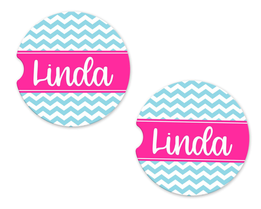 Teal Chevron Personalized Sandstone Car Coasters - Sew Lucky Embroidery