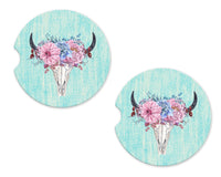 Teal Cow Skull with Flowers Sandstone Car Coasters - Sew Lucky Embroidery