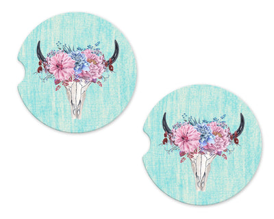 Teal Cow Skull with Flowers Sandstone Car Coasters (Set of Two)