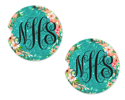 Teal Glitter with Floral Trim Personalized Sandstone Car Coaster (Set of Two)