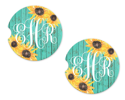 Teal Wood with Sunflowers Personalized Sandstone Car Coaster (Set of Two)