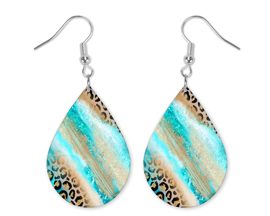 Teal and Leopard Teardrop Earrings - Sew Lucky Embroidery
