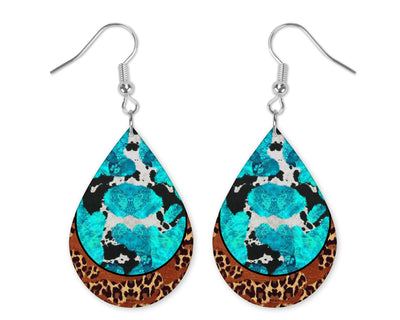 Teal Cowhide Teardrop Earrings