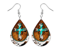 Teal Cross and Cowhide Earrings - Sew Lucky Embroidery