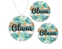 Teal Flowers Car Charm and set of 2 Sandstone Car Coasters Personalized - Sew Lucky Embroidery