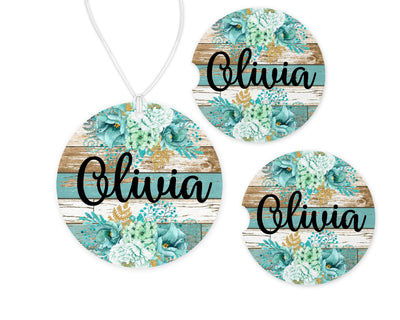 Teal Flowers Car Charm and set of 2 Sandstone Car Coasters Personalized