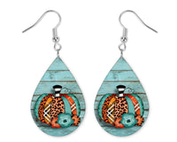 Teal Leopard Pumpkin Teardrop Earrings - Sew Lucky Embroidery