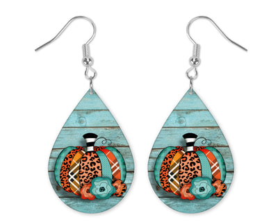 Teal Leopard Pumpkin Teardrop Earrings