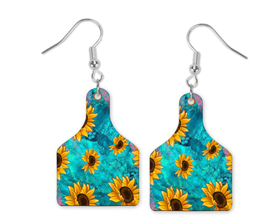 Teal Sunflowers Cow Tag Earrings