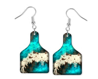 Teal Wash Cowhide Cow Tag Earrings - Sew Lucky Embroidery
