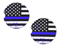 Thin Blue Police Line Sandstone Car Coasters - Sew Lucky Embroidery