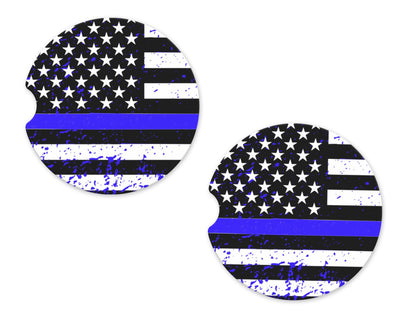 Thin Blue Police Line Sandstone Car Coasters (Set of Two)