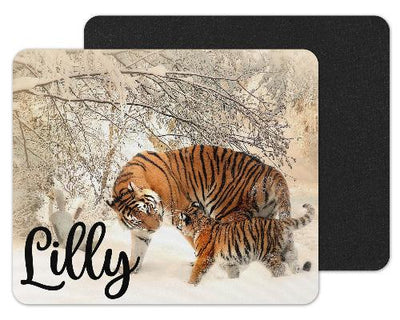 Tiger Mom and Baby in Snow Custom Personalized Mouse Pad