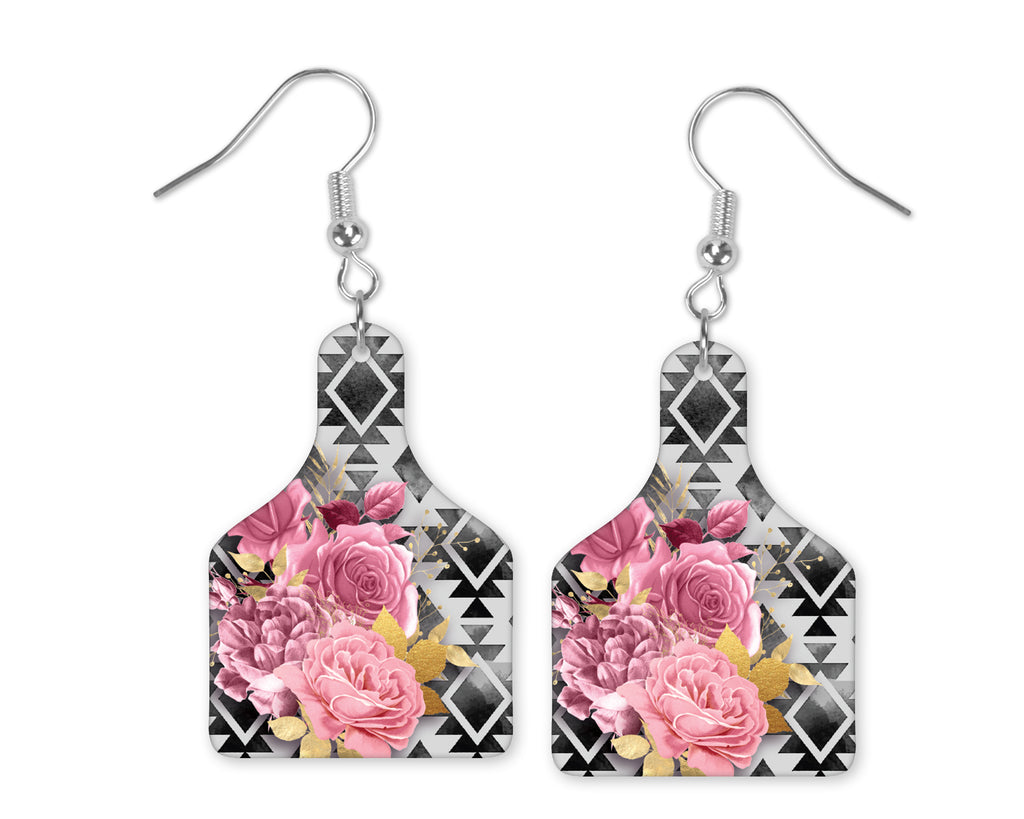Tribal Flowers Cow Tag Earrings - Sew Lucky Embroidery