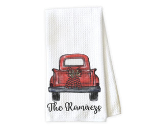 Truck with Christmas Bow Personalized Kitchen Towel - Waffle Weave Towel - Microfiber Towel - Kitchen Decor - House Warming Gift - Sew Lucky Embroidery