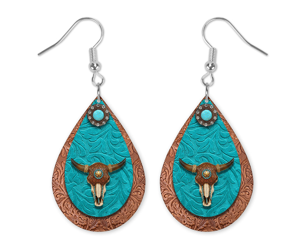 Turquoise Skull Teardrop Earrings - Sew Lucky Embroidery