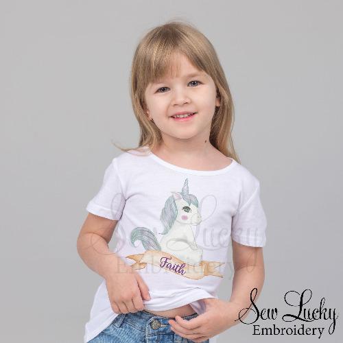 Unicorn with Banner Girls Personalized Shirt - Sew Lucky Embroidery
