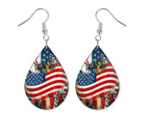 US Flag with Sunflower Teardrop Earrings - Sew Lucky Embroidery