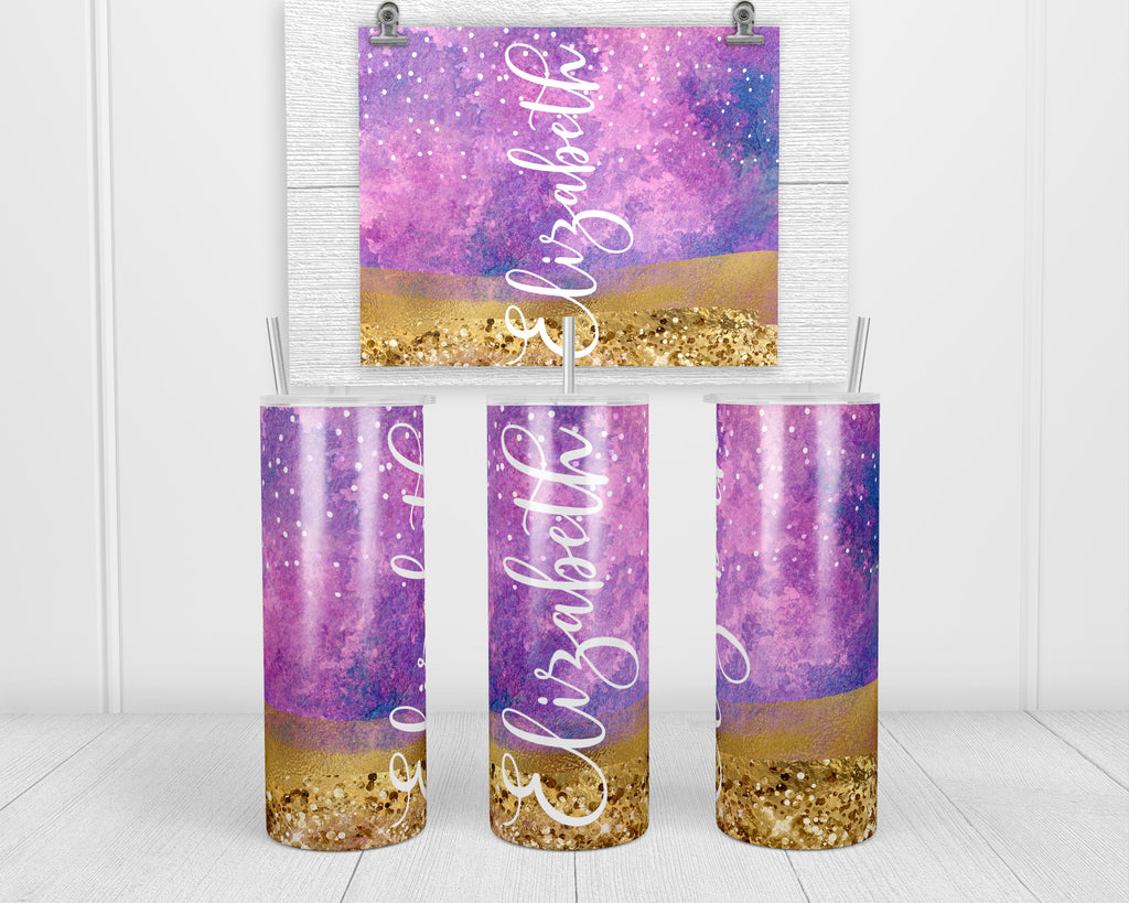 Watercolor and Glitter Personalized 20 oz Insulated Tumbler with Lid and Straw - Sew Lucky Embroidery