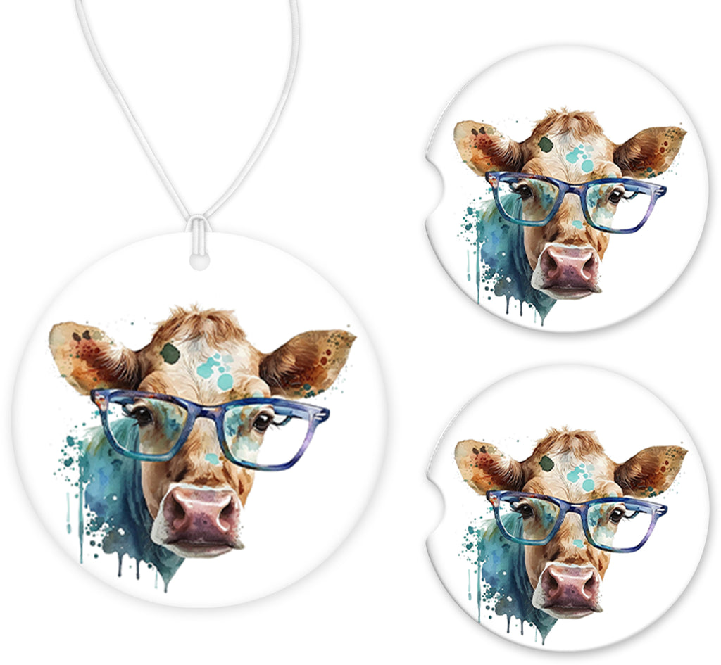Watercolor Cow with Glasses Car Charm and set of 2 Sandstone Car Coasters - Sew Lucky Embroidery