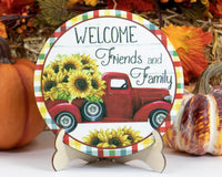 Welcome Friends and Family Fall Truck Tier Tray Sign and Stand - Sew Lucky Embroidery