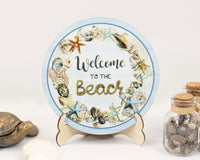 Seashells Welcome to the Beach Tier Tray Sign and Stand - Sew Lucky Embroidery