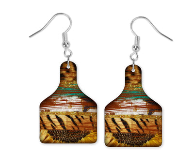 Western Sunflower Cow Tag Earrings