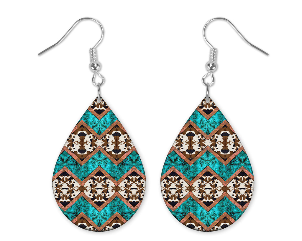 Western Turquoise and Cowhide Handmade Wood Earrings - Sew Lucky Embroidery