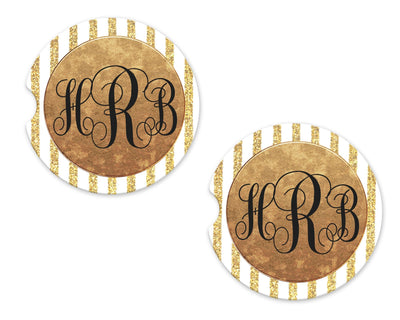 White and Gold Stripes Personalized Sandstone Car Coasters (Set of Two)