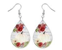 White Pumpkin and Flowers Teardrop Earrings - Sew Lucky Embroidery