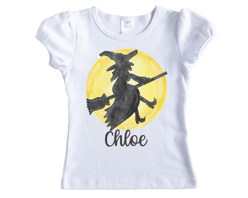 Witch Riding Broom with Full Moon Halloween Girls Personalized Shirt - Sew Lucky Embroidery