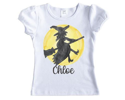 Witch Riding Broom with Full Moon Halloween Girls Personalized Shirt