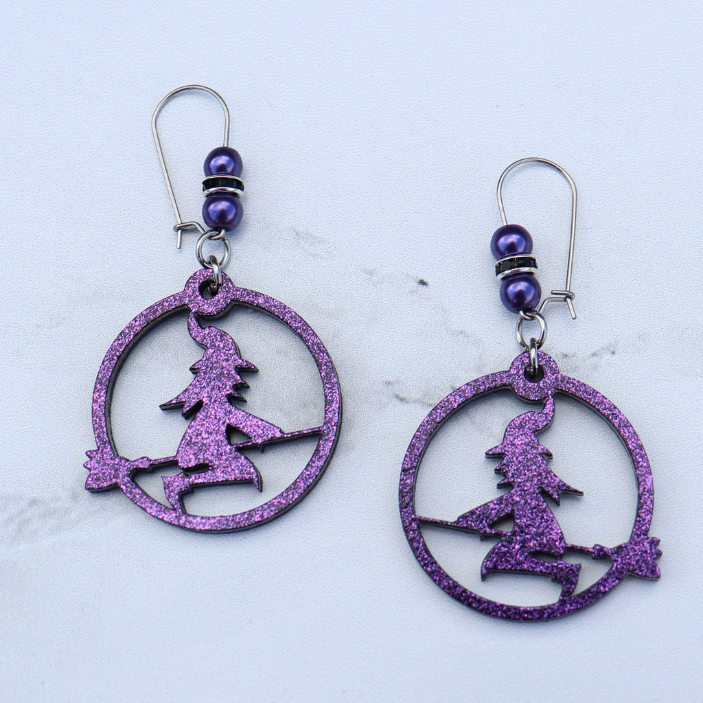 Witch with Purple Glitter Halloween Earrings - Sew Lucky Embroidery