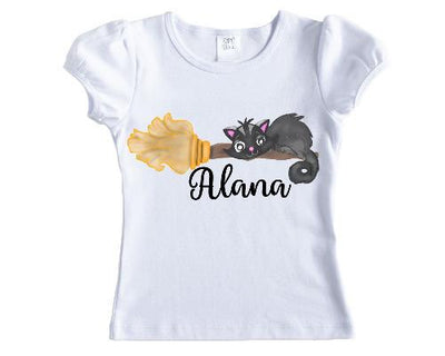 Witches Broom and Cat Halloween Personalized Girls Shirt