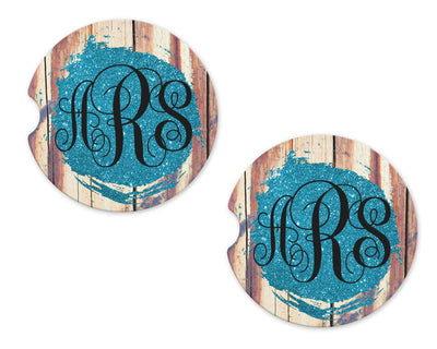 Wood Background and Blue Glitter Personalized Sandstone Car Coasters (Set of Two)