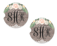Wood Background with Flower and Lace Personalized Sandstone Car Coasters - Sew Lucky Embroidery