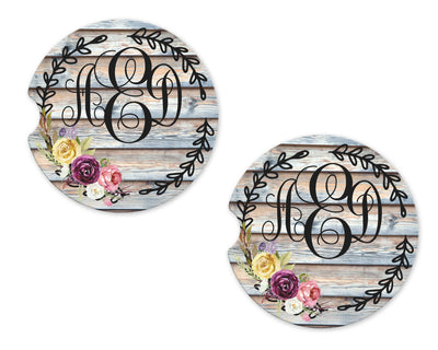 Wood Background with Laurel and Flowers Personalized Sandstone Car Coasters (Set of Two)