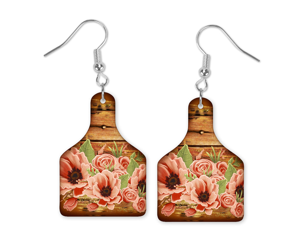 Wood Flowers Cow Tag Earrings - Sew Lucky Embroidery