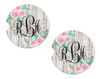 Worn Wood and Roses Personalized Sandstone Car Coasters - Sew Lucky Embroidery