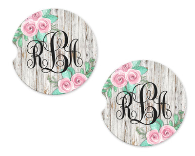 Worn Wood and Roses Personalized Sandstone Car Coasters (Set of Two)