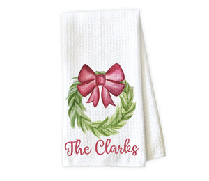 Wreath with Bow Personalized Kitchen Towel - Waffle Weave Towel - Microfiber Towel - Kitchen Decor - House Warming Gift - Sew Lucky Embroidery